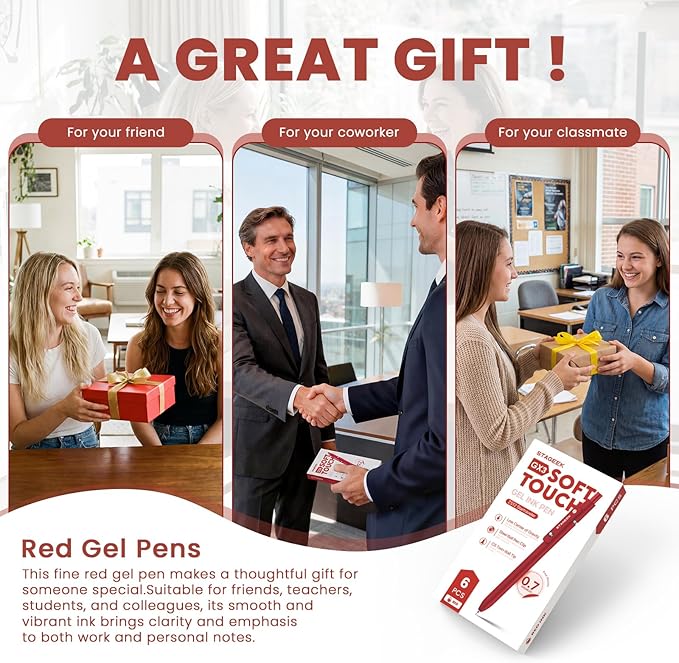 Red Gel Pens, 6Pcs Quick Dry Red Ink Pens with 3 Extra Refills, Fine Point Retractable Smooth Writing Pens for Journaling, Note Taking, School Supplies, Nurse Aesthetic, Office(Red)