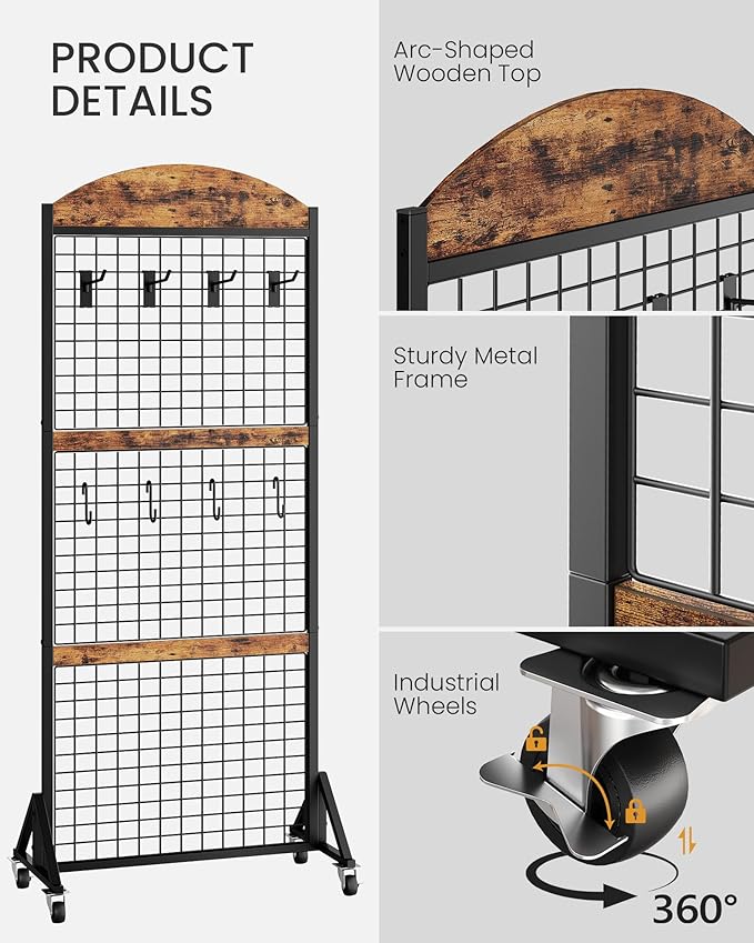 Grid Wall Panel 5.7' x 2' FT Grid Display Rack, 2 Pack Movable Gridwall Display Stand with 8 S-Shaped Hooks and 8 Garment Hooks, Floorstanding Wire Grid Rack, Rustic Brown and Black TCJ17P2BF