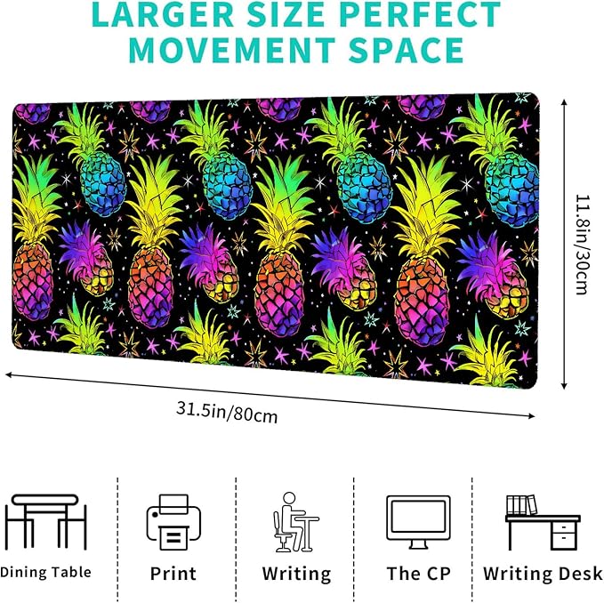 Rainbow Pineapple Gaming Mouse Pad – 12x31.5in Non-Slip Rubber Desk Mat with Vibrant Tropical Design – Large Extended Mousepad for Office Home – Deskmat Gifts for Summer Lovers Decor