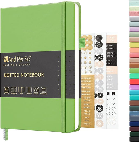 &And Per Se Dotted Journal Notebook, A5 Hardcover Leather Bullet Dotted Journal, 160 Pages 100 gsm Thick Paper, 3 Sheets of Stickers Included- 5.7'' x 8'' (Pastel green)