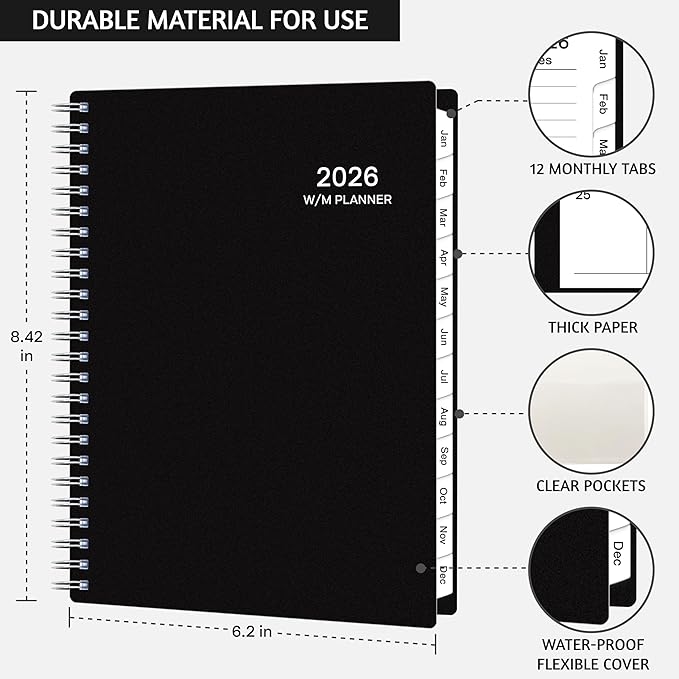 2026 Planner, Weekly ＆ Monthly Planner 2026, Jan 2026 – Dec 2026, 6.2" x 8.42", Flexible Cover, 12 Monthly Tabs, Thick Paper, Spiral Wirebound, Inner Pocket, Black
