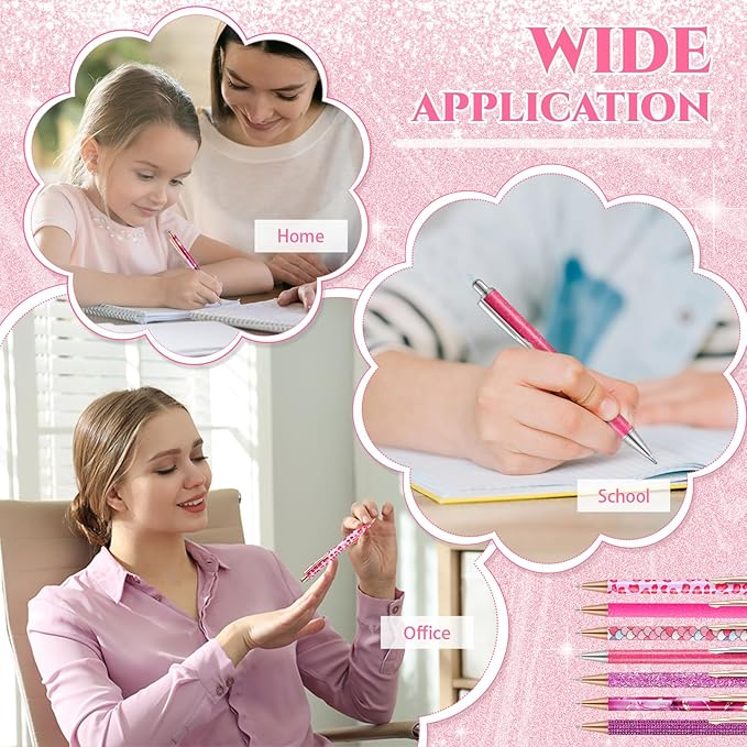 Sherr 7 Pcs Fancy Pens for Women Cute Sparkly Glitter Pens with 10 Pcs Black Ink Refills Pretty Gifts for Girls Office School Christmas Graduation(Lovely)