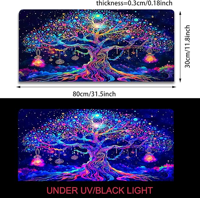 Manicer Colorful Tree of Life Mouse Pad, Blacklight Gaming Extended Large Desk Pad, UV Reactive Waterproof Long Keyboard Big Mouse Mat with 3mm Non-Slip Rubber Base for Office Home - 31.5" x 11.8"