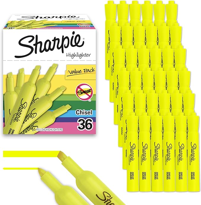 SHARPIE Tank Style Highlighters Chisel Tip Fluorescent Yellow,36 Count (Pack of 6)