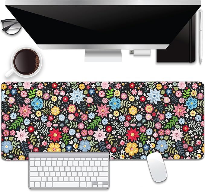 Colorful Flowers Desk Pad Mouse Pad,Large XL Floral Mouse Mat with Stitched Edges,Non-Slip Rubber Base Mousepad for Office PC Keyboard Laptop and Home Work Desk Mat(31.5X11.8 in)