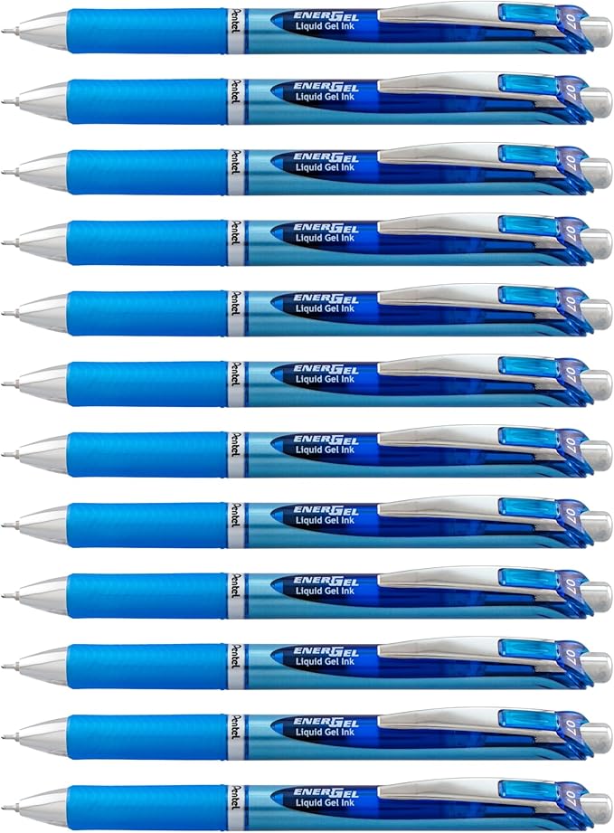 Pentel EnerGel Deluxe RTX Retractable Liquid Gel Pen, Medium Line, Needle Tip, Blue Ink, Box of 12 (BLN77-C), 0.7mm needle