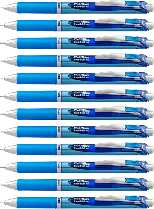 Pentel EnerGel Deluxe RTX Retractable Liquid Gel Pen, Medium Line, Needle Tip, Blue Ink, Box of 12 (BLN77-C), 0.7mm needle