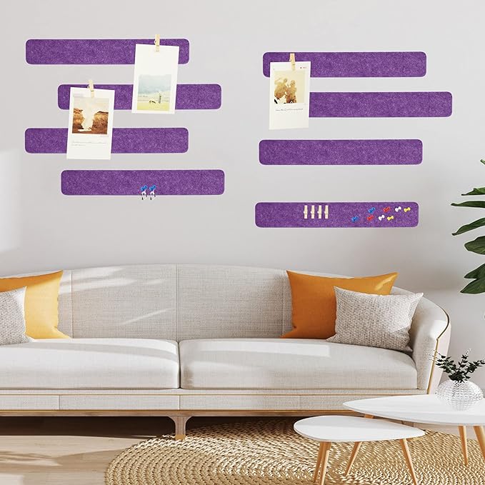 8Pcs Bulletin Board Strips, Purple Felt Pin Board Bar Strips with 50 Pushpins, Self-Adhesive Felt Cork Board Strips for Wall to Display Your Notes, Photos, Schedules, Announcements