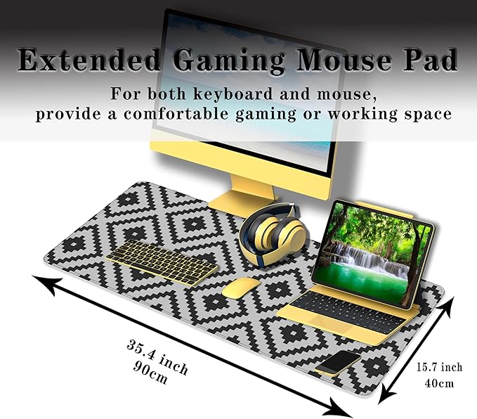 Large Mouse Pad Black and White XXL Mousepad Gaming Mouse Pads Computer Desk Mats Extra Large Desk Pad Non-Slip Rubber Base 35.4" X 15.7" for Game Office, Classic Rhombus Pattern