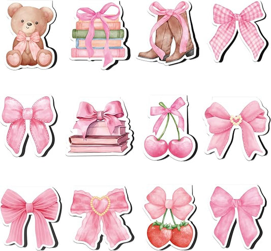 Pink Bows Magnetic Bookmarks, 12 Pcs Girly Magnet Book Mark Clips Gifts for Women Girls Students, Cherry Page Markers, Cute Stationery for Reading Journals Christmas Stocking Stuffers