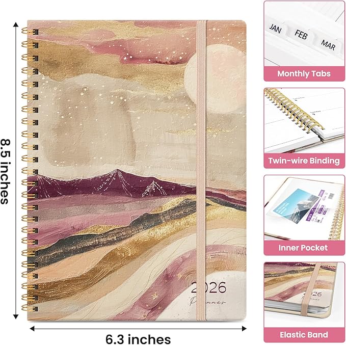 2026 Planner, Weekly and Monthly Calendar Planner for Women, Jan 2026 - Dec 2026, Hardcover Planning Agenda book with Tabs, Spiral Bound, Inner Pocket, Perfect for School Office Supplies, 6.3" x 8.5" - Landscape