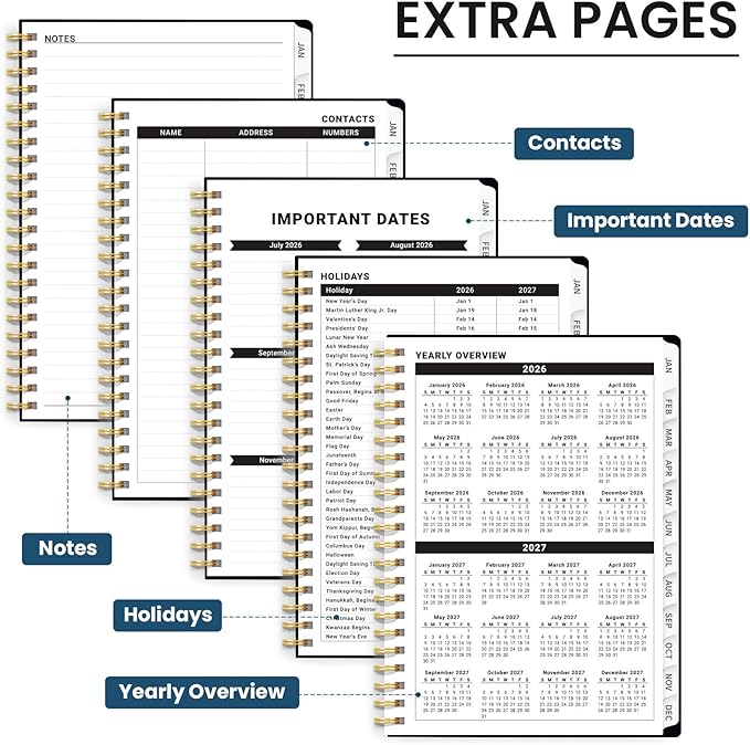 2026 Planner, Weekly and Monthly Planner for Women, January 2026 to December 2026, Pretty Hardcover 2026 Calendar Planner Book with Tabs, Inner Pocket, Spiral Bound, Perfect Office Home School Supplies - 6.3" x 8.5", Luxe Peony