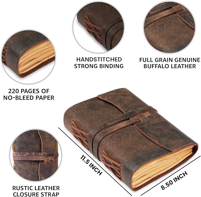LEATHER VILLAGE Leather Bound Journal - Dark Brown, 11.5"X8.50", 220 Pages - Vintage Blank Paper Diary for Writing, Drawing, Sketchbook, and Travel Notebook - Ideal for Women and Men