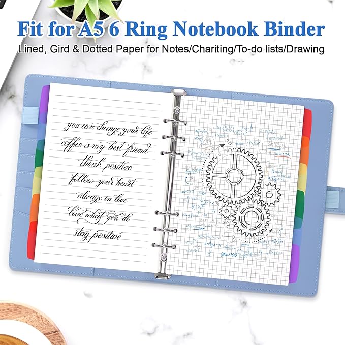 Antner A5 Refill Paper Planner Inserts for A5 6 Ring Binder, 135 Sheets 6-Hole Lined/Dotted/Grid Loose Leaf Filler Paper with Binder Dividers for Refillable Notebook, Journal, Planner, Sketchbook