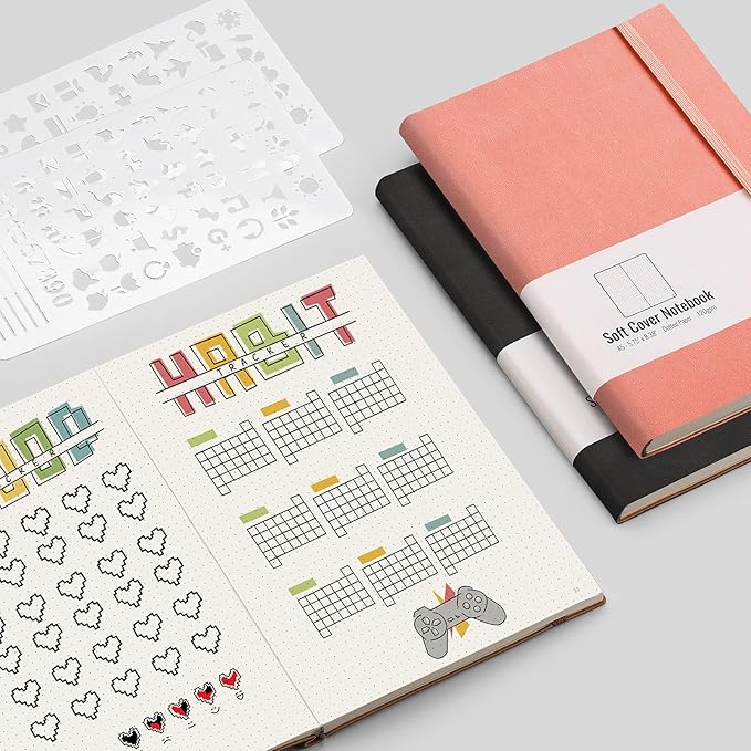 AHGXG Dotted Grid Journal 2 Pack - A5 Dot Grid Notebook Softcover, Medium 5.75'' × 8.38'', 320 Numbered Pages, 120gsm Thick Dotted Paper, Soft Leather Cover, Black Pink
