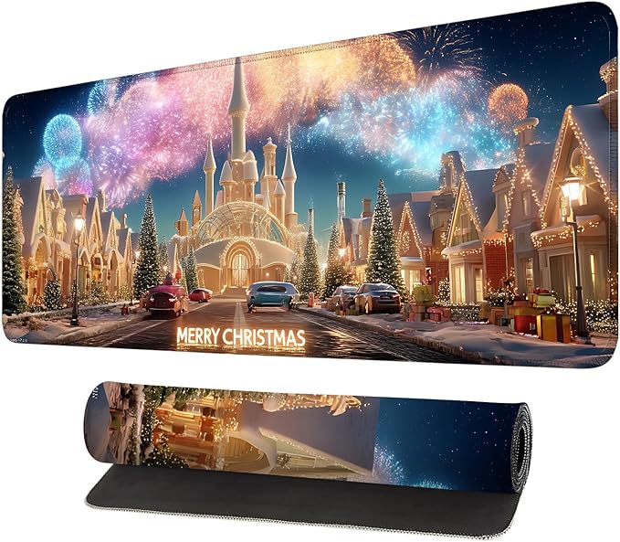 Desk Mat, XXL Extended Gaming Pad for Desktop, 35x16 Inches Magical Castle Fairytale Scene, Large Non-Slip Vegan Leather Keyboard Mouse Mat for Home Office