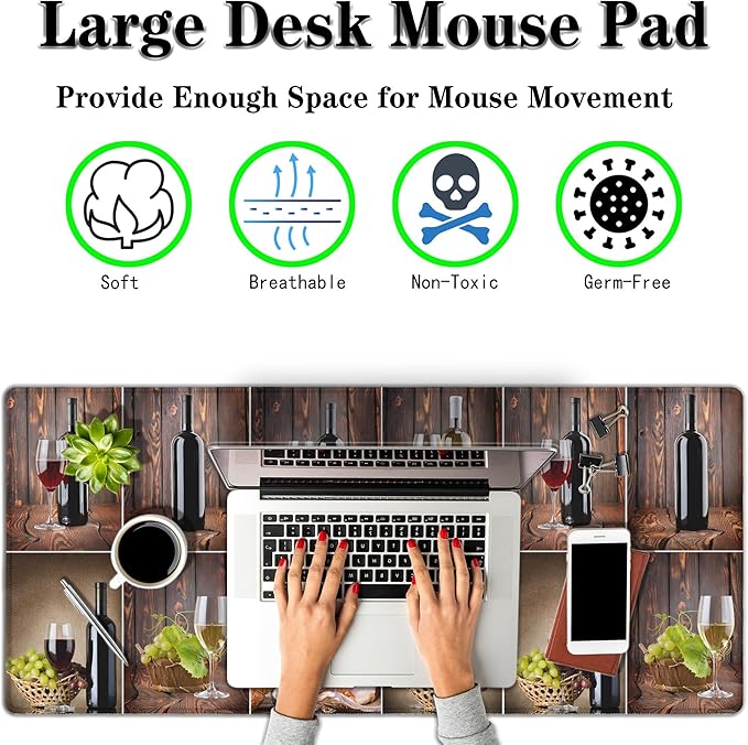 Gaming Mouse Mat for Men, Keyboard Big Mouse Pads Long Deskpad, Large Mouse Mat Non-Slip Rubber Base Waterproof with Stitched Edges, 35.4" X 15.7" for Work/Game/Office Wine Collage