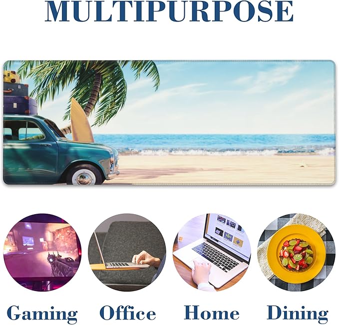 Large Mouse Pad Green Car with Luggage Extended Gaming Mousepad Summer Beach Desk Pad with Non-Slip Base and Stitched Edge Keyboard Pad 11.8 x 31.5 Inch Mouse Mat for Home Office Desk Decor