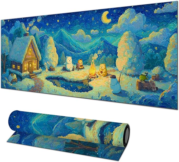 XL Mouse Pad 31.5 x 11.8 Inch Gaming Mousepad Diatomite Large Keyboard Mouse Pad for Home and Office Desk Accessories with Winter Cabin Starry Sky Bear Campfire Artwork