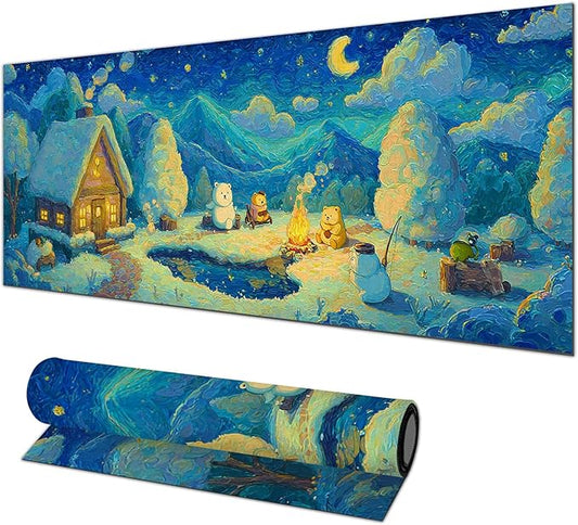 XL Mouse Pad 31.5 x 11.8 Inch Gaming Mousepad Diatomite Large Keyboard Mouse Pad for Home and Office Desk Accessories with Winter Cabin Starry Sky Bear Campfire Artwork