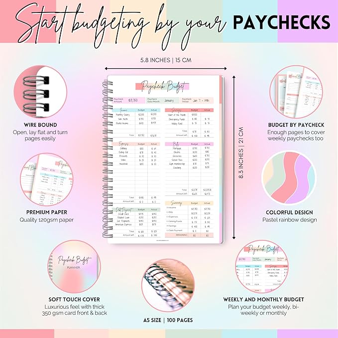 Paycheck Budget Planner - Undated Financial Organizer for Weekly, Bi-Weekly, and Monthly Budgeting and Expense Tracking | A5 Rainbow