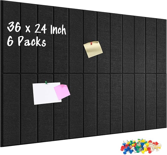DOLLAR BOSS Felt Cork Board Tiles, 6 Packs 12" x 12" 1/2" Thick Bulletin Board Adhesive Acoustic Panels Soundproof Corkboards for Walls with 60 Pushpins for Home Office Kitchen School, Black Stripe