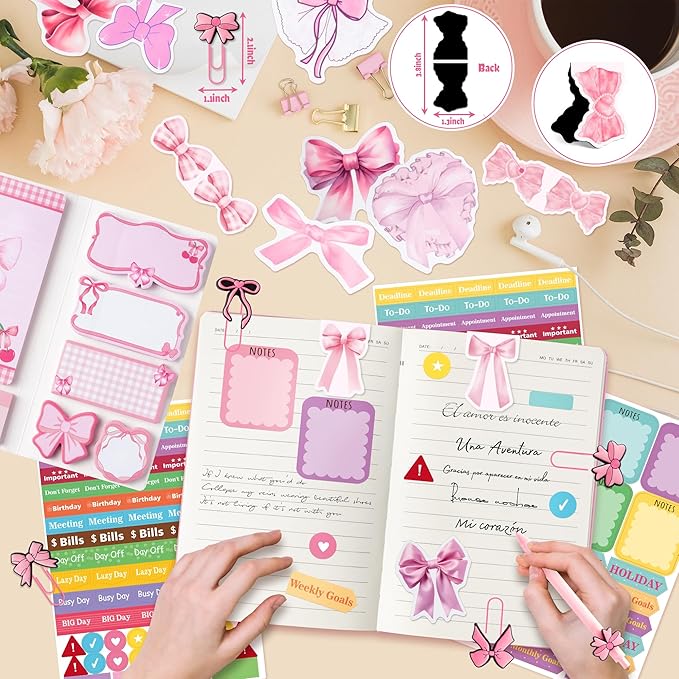 Xqumoi Coquette Pink Bow Stationery Gift Set - Sticky Note A5 Hardcover Ruled Journal Notebook with Planner Sticker Magnet Bookmark Paper Clip Gel Ballpoint Pen for Birthday School Office Supplies