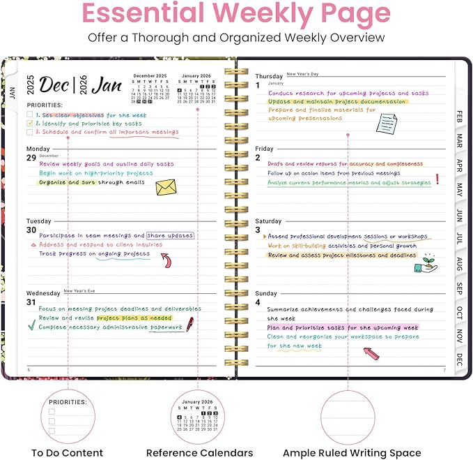 2026 Planner, Weekly and Monthly Planner for Women, January 2026 to December 2026, Pretty Hardcover 2026 Calendar Planner Book with Tabs, Inner Pocket, Spiral Bound, Perfect Office Home School Supplies - 6.3" x 8.5", Colorful Grove
