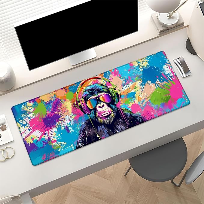 Colorful Monkey Gaming Mouse Pad, Cool Graffiti Chimp Large Desk Mat for Computer, Extended Keyboard Laptop Mouse Pads 31.5×11.8in, Non Slip Rubber Mousepad for Office Decor Gifts