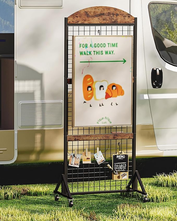 Grid Wall Panel 5.7’ x 2’ FT Grid Display Rack, Movable Gridwall Display Stand with Wheels,Floorstanding Wire Grid Rack with 4 S-Shaped Hooks and 4 Garment Hooks Rustic Brown and Black TCJ17BF