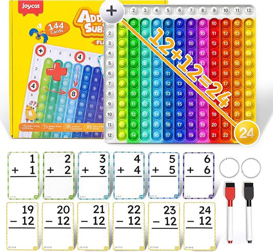 JoyCat Addition and Subtraction Flash Cards with Addition Toy,144 Flashcards for Pre K,1st,2nd,3rd 4th Grade,Math Manipulatives Tools for Homeschool, Classroom & Travel,with Workbook, Markers & Rings