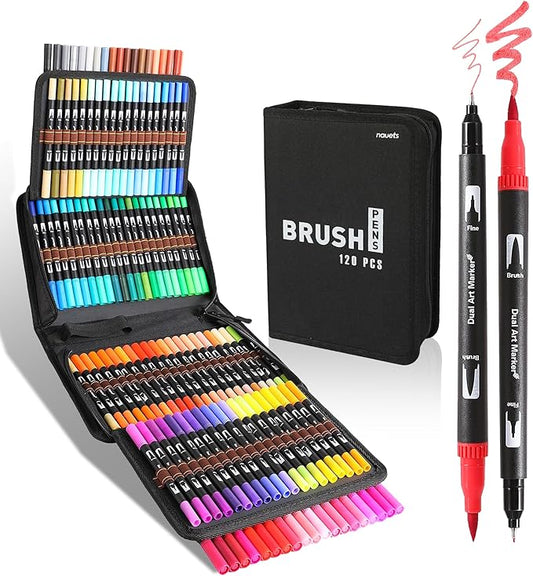 nauets 120 Colors Brush & Fine Dual Tip Watercolor Markers Set Professional Coloring Paint Pens For Drawing Note taking Planner Calligraphy Journaling Card Making Art Supplies