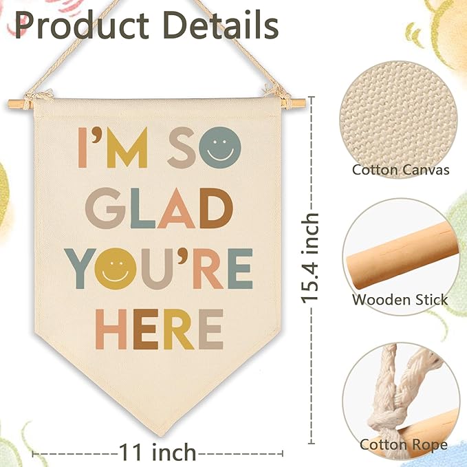 Classroom Wall Decoration-Welcome Banner Gifts for Teacher Counselor Therapy Office-Inspirational Kindergarten Perschool Back to School Wall Flag Decor-I'm So Glad You're Here-Canvas Hanging Pennant Sign