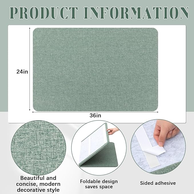 36"x 24" Linen Fabric Bulletin Board Pinboard for Walls Display Frameless Pinboard Display Notice Memory Board for Office Walls Home Kitchen Easy to Install(Sage Green)
