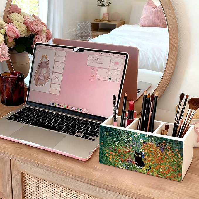 Black Cat Pen Pencil Holder for Desk, Black Cat Mom Lady Lovers Gifts for Women, Pet Lover Gifts, Cottagecore Wildflower Kitten Wooden Box Sign Decorations for Home Office Desk Tabletop
