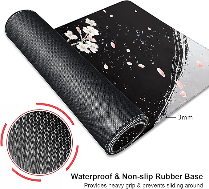 Black and White Japanese Cherry Blossom Large Mouse Pad, Desk Mat Computer Keyboard Pad Non-Slip Rubber Base Waterproof with Stitched Edges for Laptop Gaming, Office & Home 31.5 x 11.8 Inch