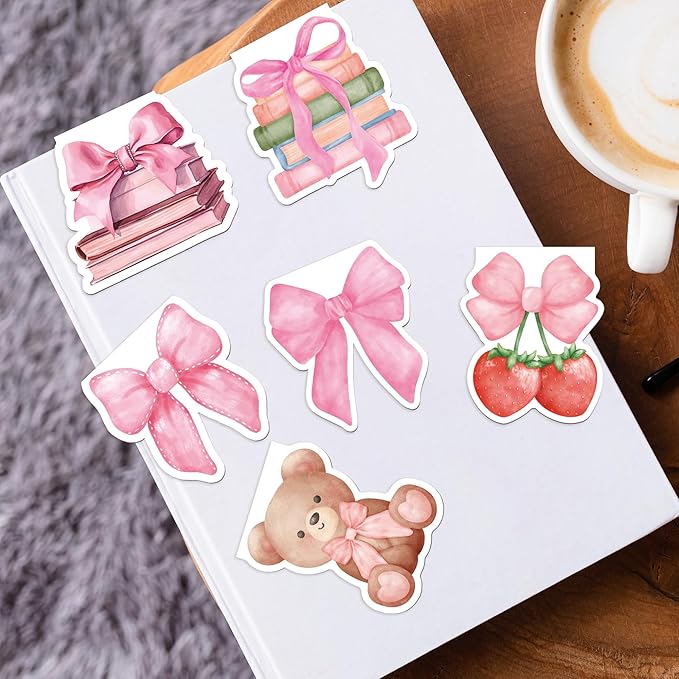 Pink Bows Magnetic Bookmarks, 12 Pcs Girly Magnet Book Mark Clips Gifts for Women Girls Students, Cherry Page Markers, Cute Stationery for Reading Journals Christmas Stocking Stuffers