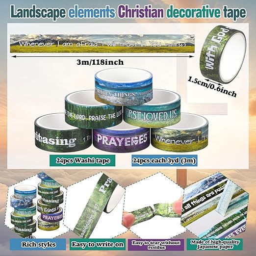 Janlaugh 24 Rolls Christian Washi Tape Gifts Bulk Religious Inspirational Scripture Supplies Scenery Bible Verse Washi Tape for Bible Journaling Study Crafting Spring Gifts Favors