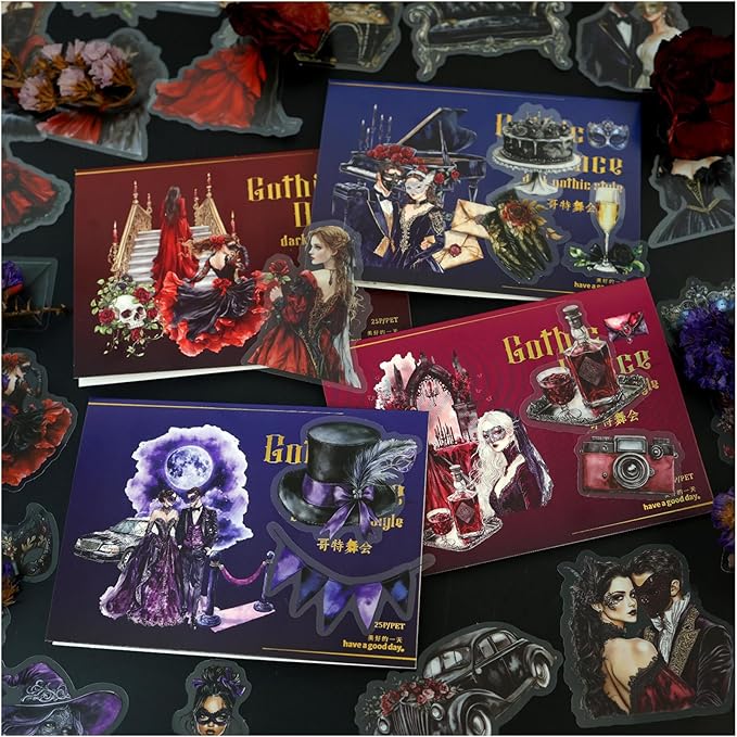 Vintage Goth Stickers for Adults Scrapbooking, 100Pcs Transparent PET Gothic Ball Theme Dark Romance Stickers for Junk Journaling Supplies, Planner, Collage, Scrap Book Supply, Crafts Arts
