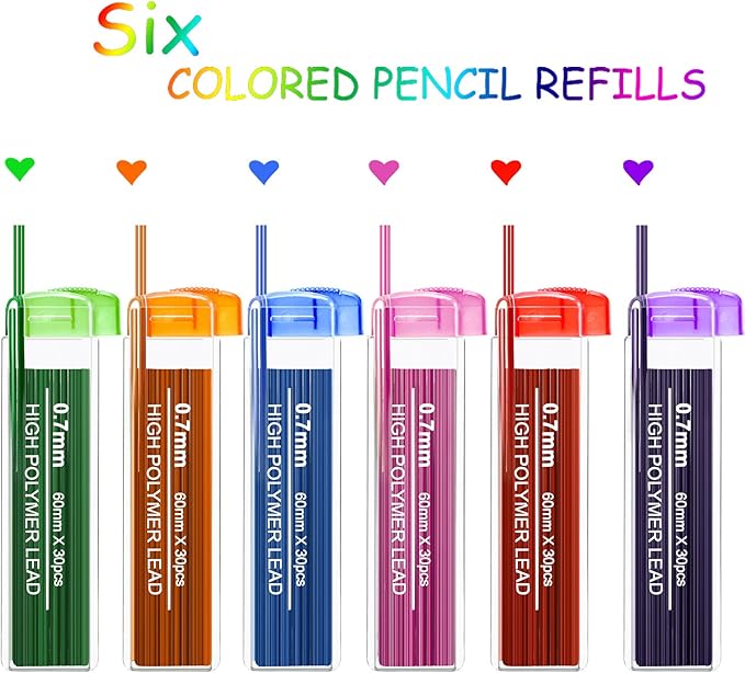 HESTYA 360 Pcs Colored Pencil Lead Refills 0.7 mm HB Black Mechanical Pencil Refills, 7 Assorted Colors and Black with Convenient Dispensers for Office Supplies