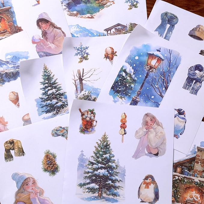 50 Sheets Winter Stickers for Scrapbooking 200 Pre-Cut Washi Stickers Winter Scrapbook Scrapbooking Supplies Collage Decorative DIY Arts Craft Making