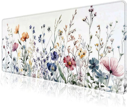 Wildflowers Flower Floral Large Mouse Pad, Desk Mat Computer Keyboard Pad Non-Slip Rubber Base Waterproof with Stitched Edges for Laptop Gaming, Office & Home 31.5 x 11.8 Inch