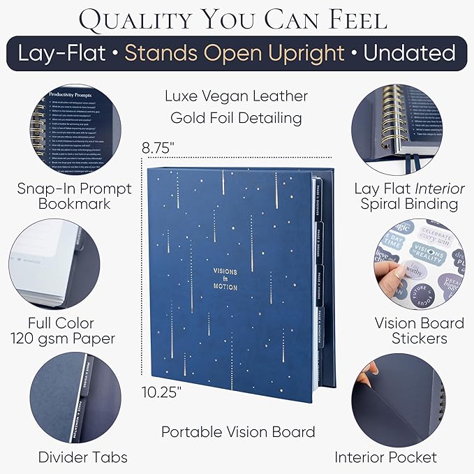 Manifestation Journal & Vision Board Kit Guided Journal | Habit Tracker & Goal Planner, Self Care & Reflection Tools | Undated Vegan Leather Hardcover | Visions in Motion Portable Vision Board (Navy)