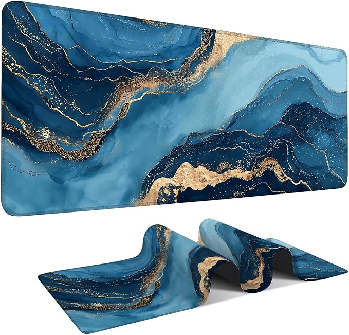 Gold & Blue Geometric Waves Extended Gaming Mouse Pad 35.4 x 15.7 Inch – Stylish Desk Mat for Gaming, Office, and Study, with Non-Slip Rubber Base