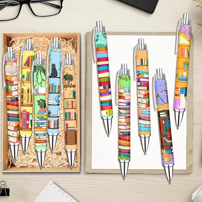 Idealmuzik Bookshelf Theme Ballpoint Pens, 10 Pack – Colorful Book & Library Design Pens with Reading and Study Icons, Smooth Writing Pens for Students, Teachers, Readers & Office Use