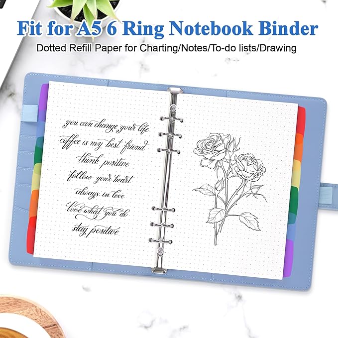 Antner A5 Dotted Refill Paper 6-Hole Planner Inserts for A5 6-Ring Binders, 135 Sheets Dot Grid Planner Refills Loose Leaf Filler Paper with Binder Dividers for Refillable Notebooks, Bullet Journals