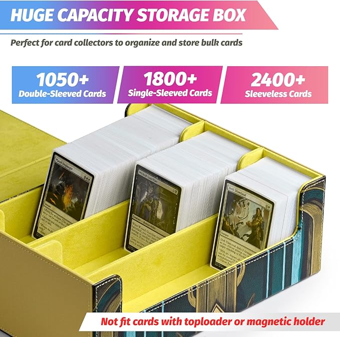 Card Storage Box for MTG, Trading Card Storage Box Holds 1800+ Sleeved Cards with 6 Dividers, Printing Magnetic Closure PU Leather Card Case for TCG CCG Sports (Light yellow, Key)