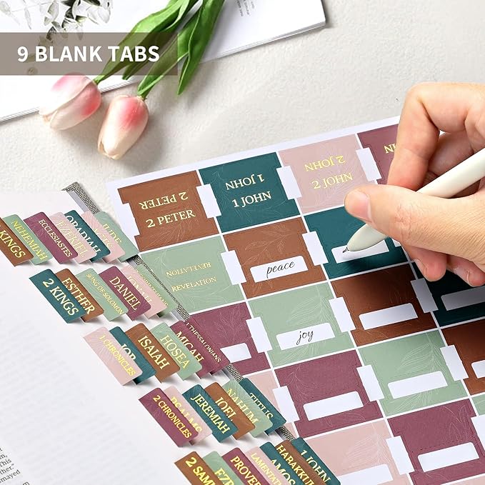 Bible Tabs for Women & Men, Laminated Bible Tabs for Study Bible, Large Print Neutral Bible Tabs for Easy Navigation, Bible Index Tabs, 66 Tabs Old & New Testament, Extra 9 Blank Tabs - Leaves