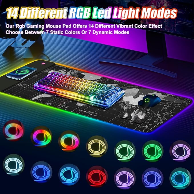 ToLuLu Wireless Charging RGB Gaming Mouse Pad, 15W LED Mouse Mat with 30W Charger, 14 Light Modes Large Mousepad with Wrist Support, Non-Slip Rubber Base Desk Mat Computer PC Keyboard Pad World Map