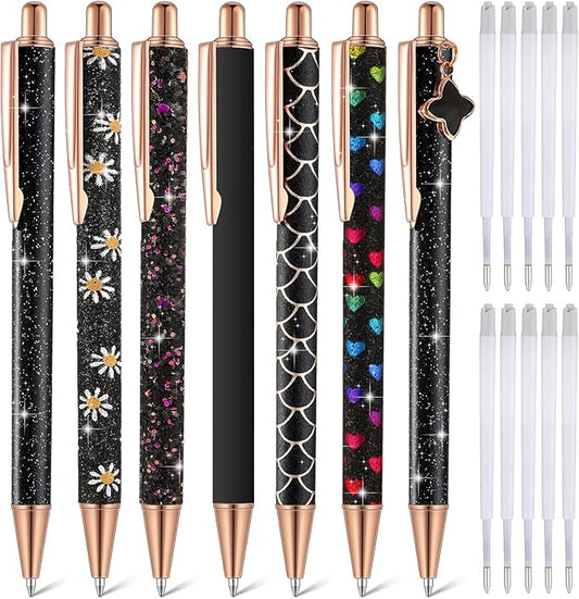 Sherr 7 Pcs Fancy Pens for Women Cute Sparkly Glitter Pens with 10 Pcs Black Ink Refills Pretty Gifts for Girls Office School Christmas Graduation(Simple)